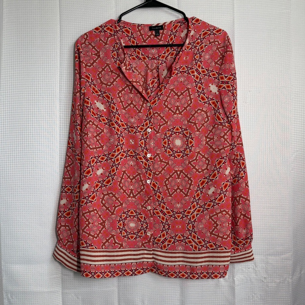 Talbots Blouse Polyester Medallion Print Button Front Casual Boho Pink L